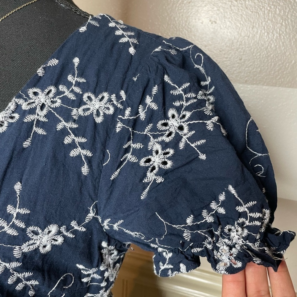 Elegant Navy Blue Floral Mini Dress 100% cotton - Picture 3 of 14